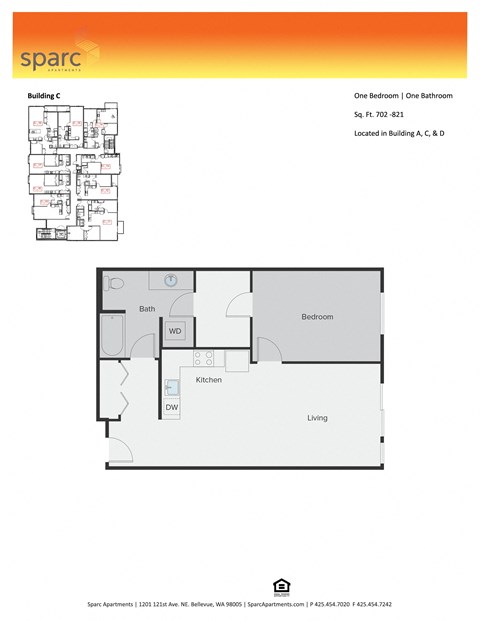 Floor plan for 1 bed, 1 bath, 753 sqft
